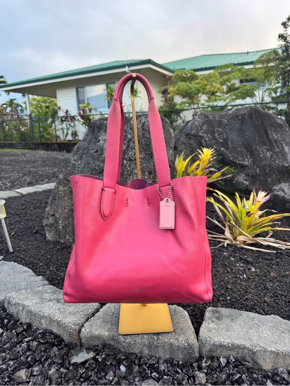 Coach F58660 2017 Pink Pebbled Leather Tote Shoulder Bag Purple Interior